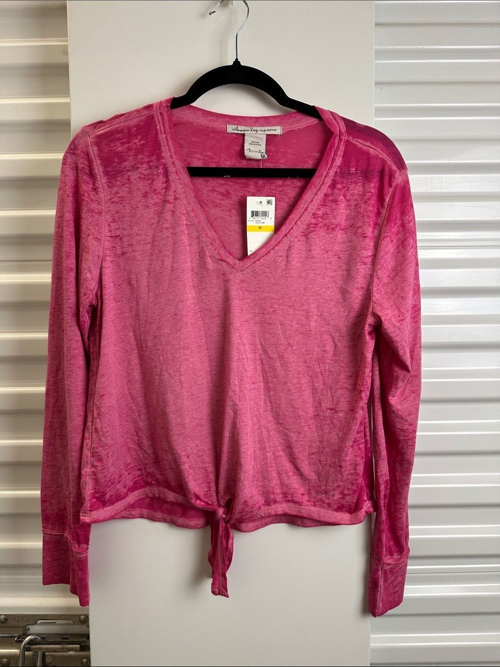 American Rag Bright Pink V‑Neck Tie‑Front Long Sleeve Top